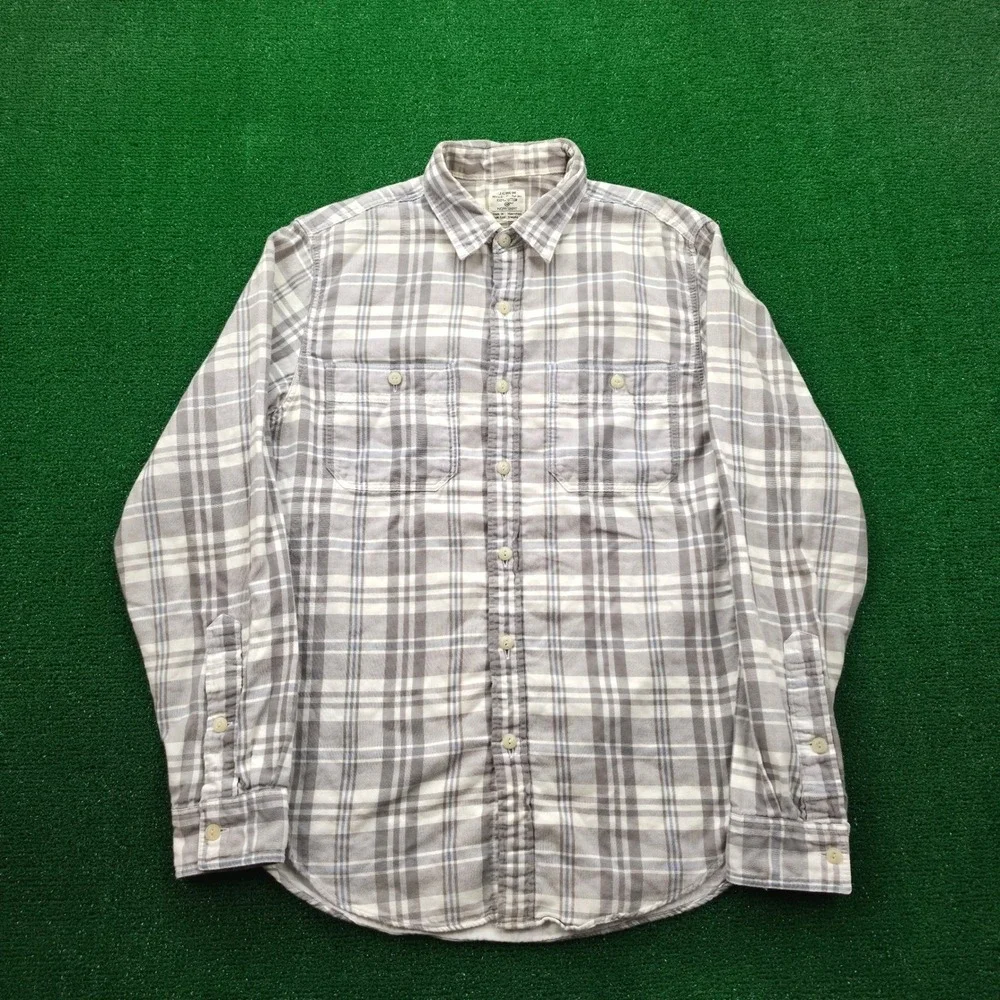 J Crew Workshirt Mens Small Grey White Plaid Flannel Long Sleeve Button Up